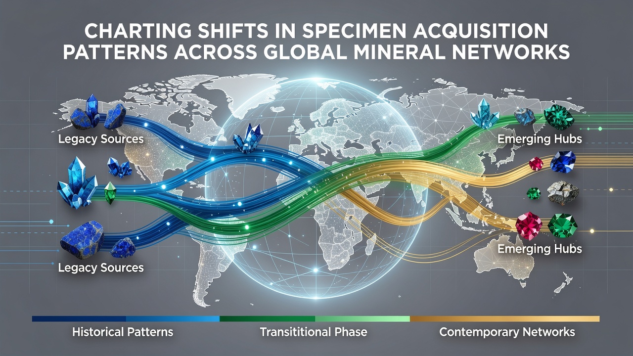Global mineral trade networks showing acquisition routes and specimen collection hubs across continents